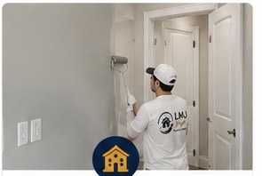 Illustrative painter working in a rental property hallway
